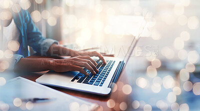 Buy stock photo Closeup, hands and laptop in mock up for bokeh, overlay and banner for digital marketing, website or programming. Young, business woman or worker with development in software, analytics or research