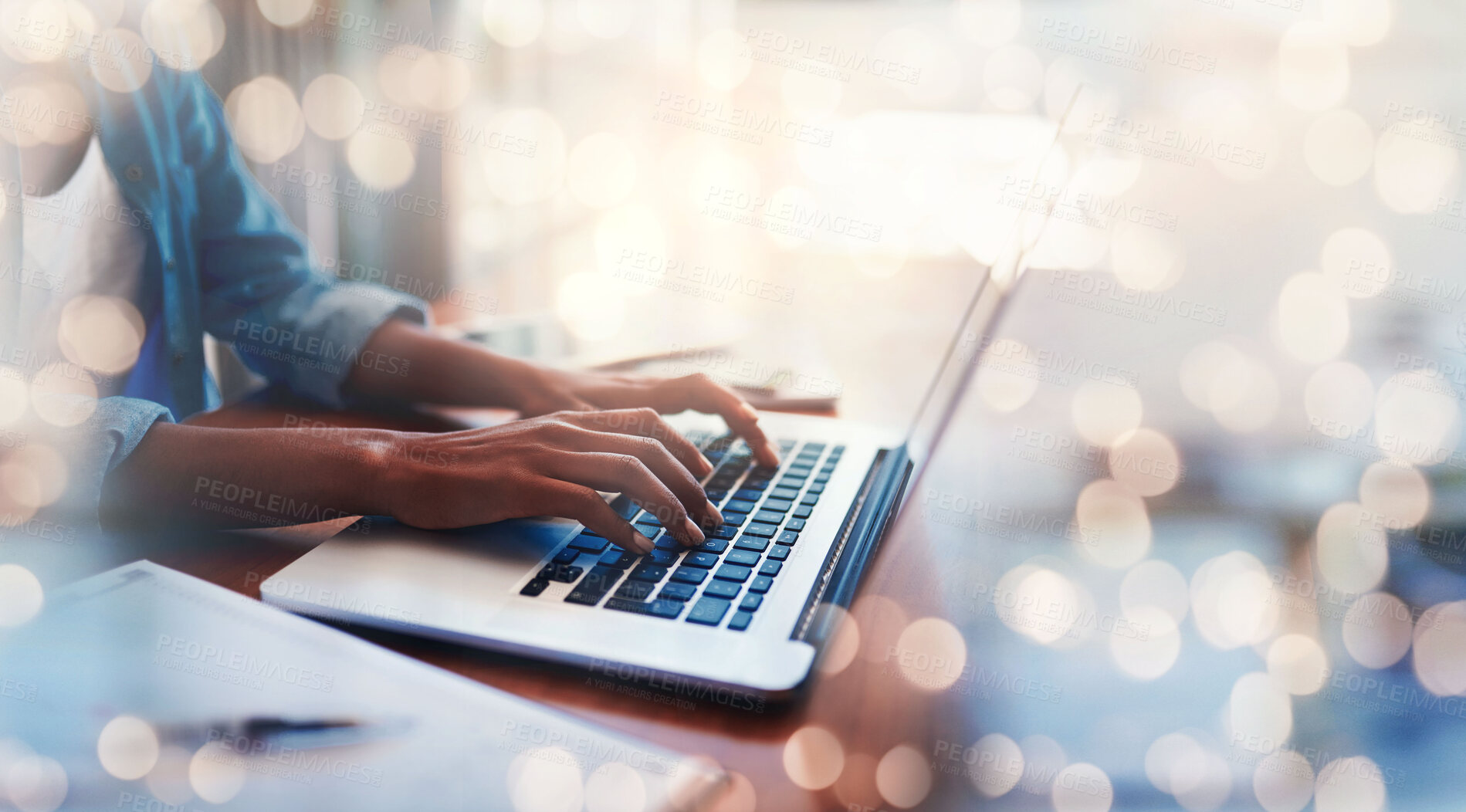 Buy stock photo Closeup, hands and laptop in mock up for bokeh, overlay and banner for digital marketing, website or programming. Young, business woman or worker with development in software, analytics or research