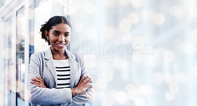 Buy stock photo Black woman, arms crossed and portrait with a smile from business consultant work with mockup space. Confidence, female entrepreneur and professional from New York happy from startup by window bokeh