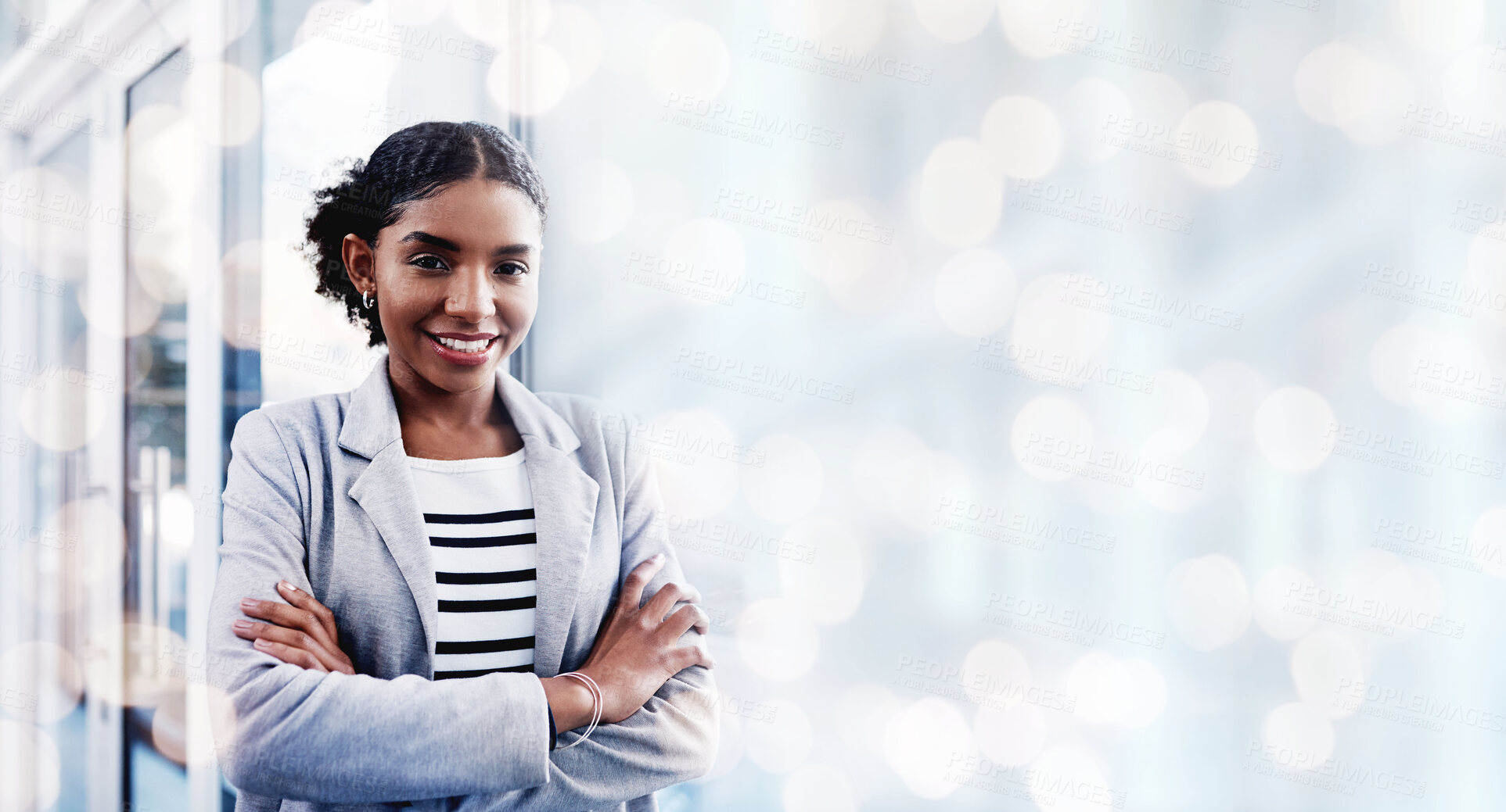 Buy stock photo Black woman, arms crossed and portrait with a smile from business consultant work with mockup space. Confidence, female entrepreneur and professional from New York happy from startup by window bokeh