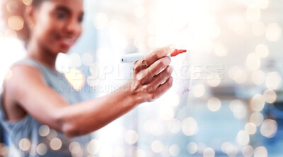 Buy stock photo Woman, hand and writing on glass board, banner for planning or brainstorming ideas, pen for notes and project agenda. Schedule, strategy and innovation in office, bokeh and mockup space with goals