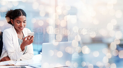 Buy stock photo Business woman, laptop and smartphone at desk with agenda or calendar, social media and communication. African financial advisor using phone for research, banner with bokeh on mockup space and email