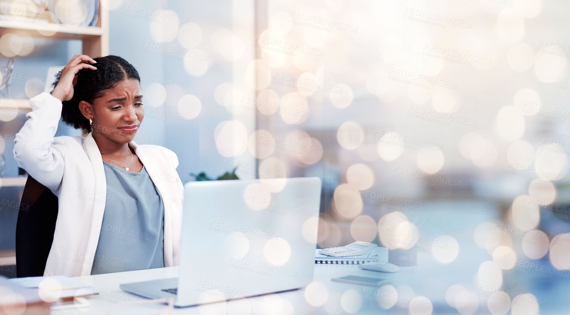 Buy stock photo Laptop, confused and a business woman on double exposure space for problem solving a mistake or fail. Computer, stress and a young professional employee in doubt while working on a corporate report