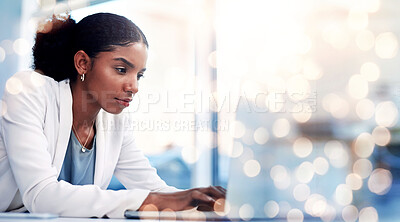 Buy stock photo Business woman, laptop and typing on bokeh background for financial planning or accounting at office. Serious female person, employee or accountant working on computer for budget plan at workplace