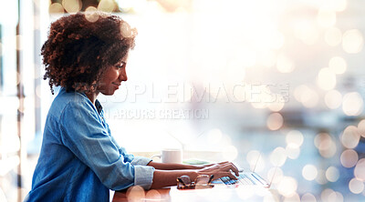 Buy stock photo Banner, thinking and woman with a laptop, business and typing with network, creative and internet. Person, worker and employee with bokeh, pc and connection with website information, email and ideas