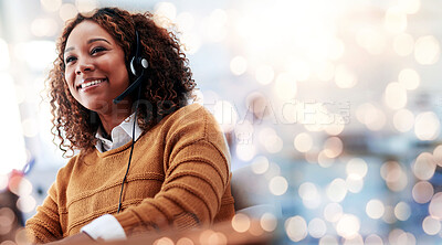 Buy stock photo Happy woman, call center and headphones on bokeh background in customer service or help at office. Friendly female person, consultant or agent smile in online advice, contact us or virtual assistance