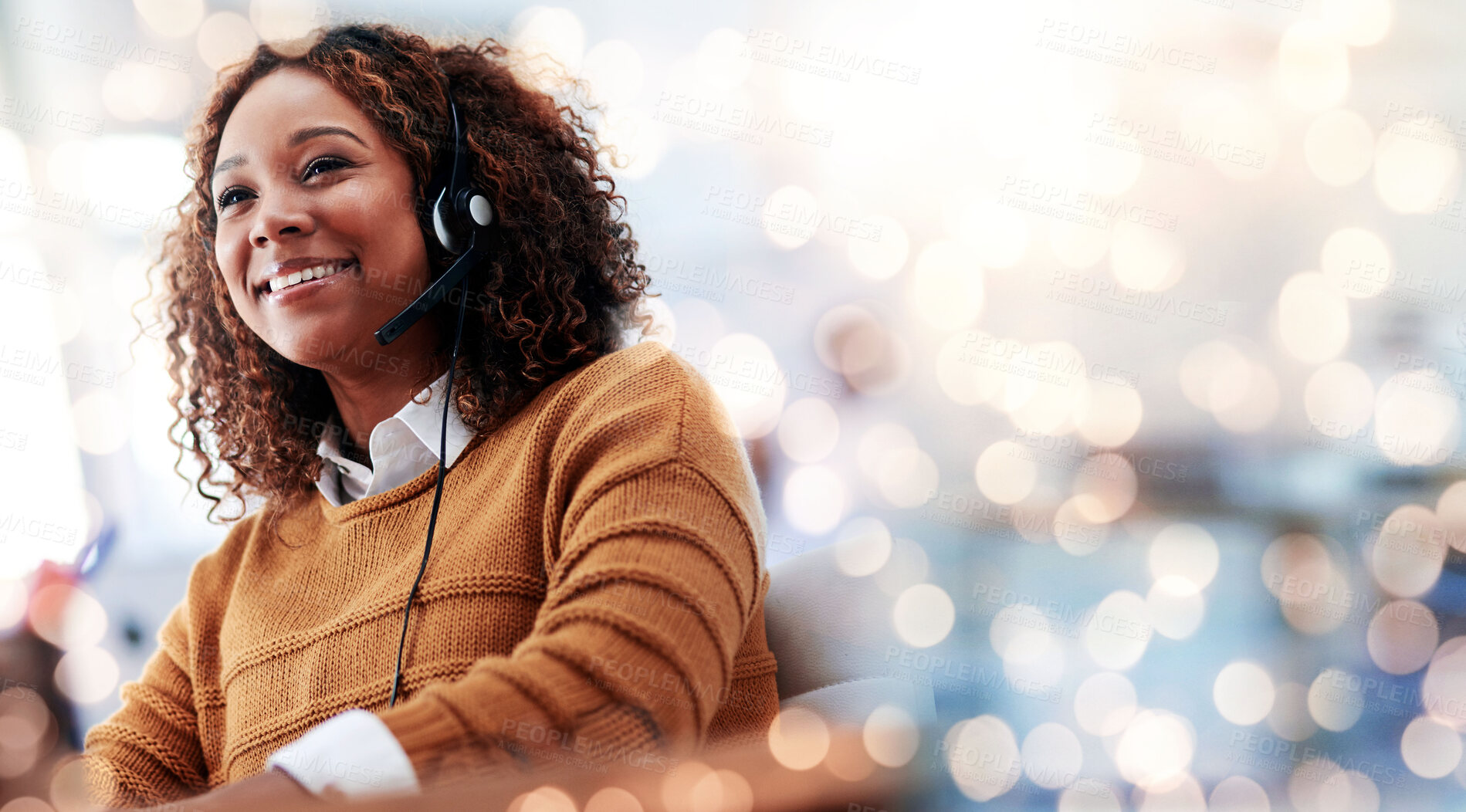 Buy stock photo Happy woman, call center and headphones on bokeh background in customer service or help at office. Friendly female person, consultant or agent smile in online advice, contact us or virtual assistance