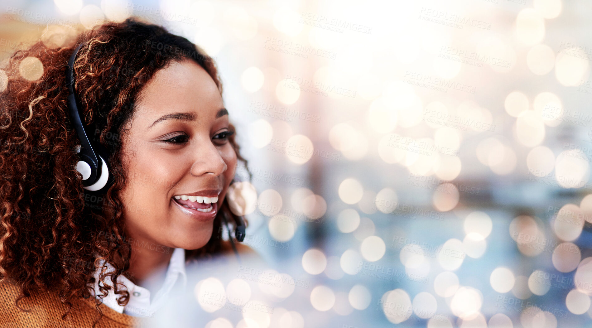 Buy stock photo Happy woman, call center and headphones on bokeh background in customer support or help at office. Friendly female person, consultant or agent smile in online advice, contact us or virtual assistance