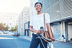 Black woman, bicycle commute and road in city with sustainability travel, ride and morning with smile. Happy worker, female professional and employee with bike outdoor with in a street in town