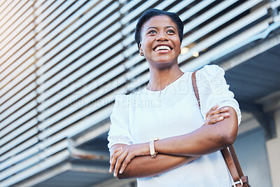 Buy stock photo Black woman, work commute and thinking in city with travel, entrepreneur and morning with smile. Happy, female professional and employee with arms crossed outdoor with confidence in town street