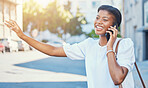 Phone call, travel and taxi with a black woman in the city during a summer commute on the street or sidewalk. Mobile, wave and transport with a happy young person outdoor on a road in an urban town