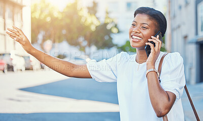 Buy stock photo Phone call, travel and taxi with a black woman in the city during a summer commute on the street or sidewalk. Mobile, wave and transport with a happy young person outdoor on a road in an urban town