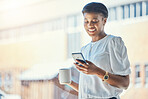 Lunch, woman and coffee with cellphone at work, communication and social media for relax or break. Black student, internship and stand with mug by outdoor, buildings and technology for hot cappucino