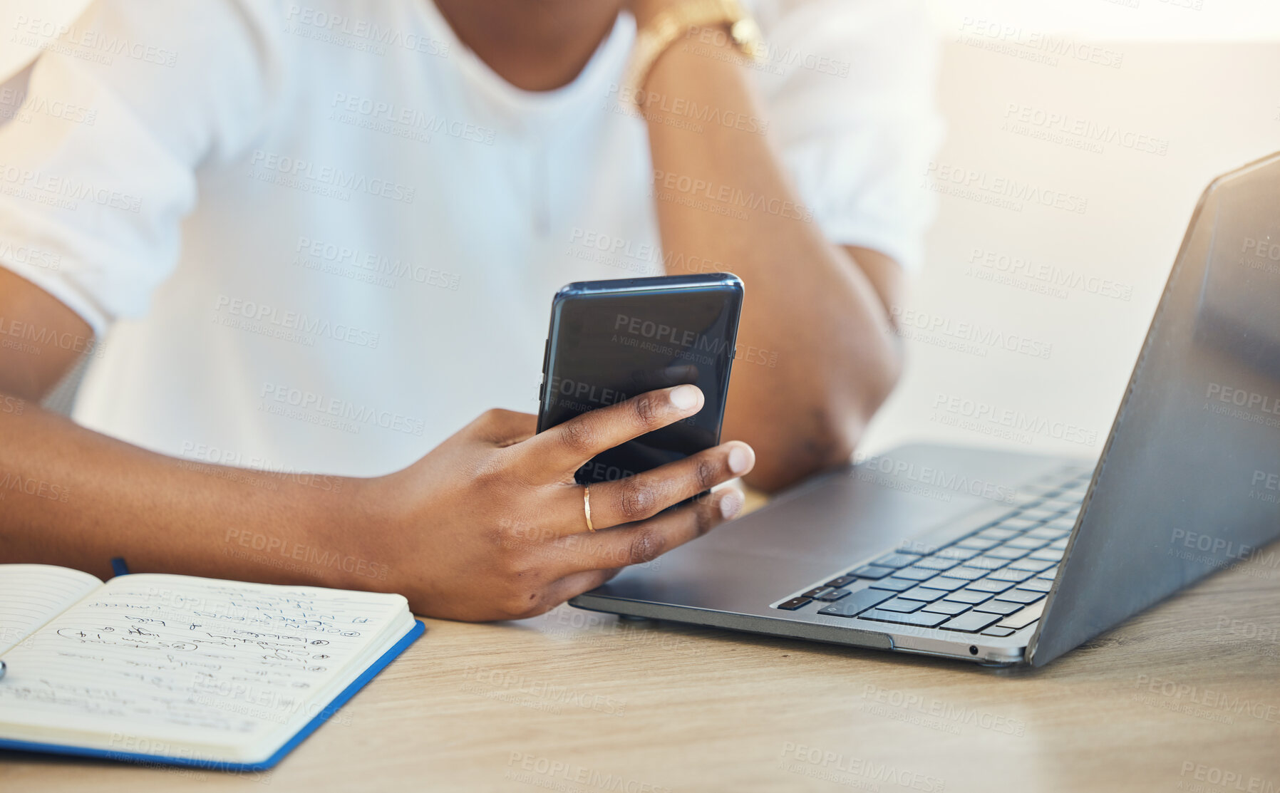 Buy stock photo Phone, office and hands of business person on laptop for social media, internet and online chat. Corporate, workplace and person on smartphone and computer for website, research and network at desk