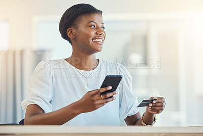 Buy stock photo Black woman, business credit card and smartphone, e commerce and fintech with smile, payment and finance. Corporate account, using phone for mobile banking and app, happy worker with online shopping