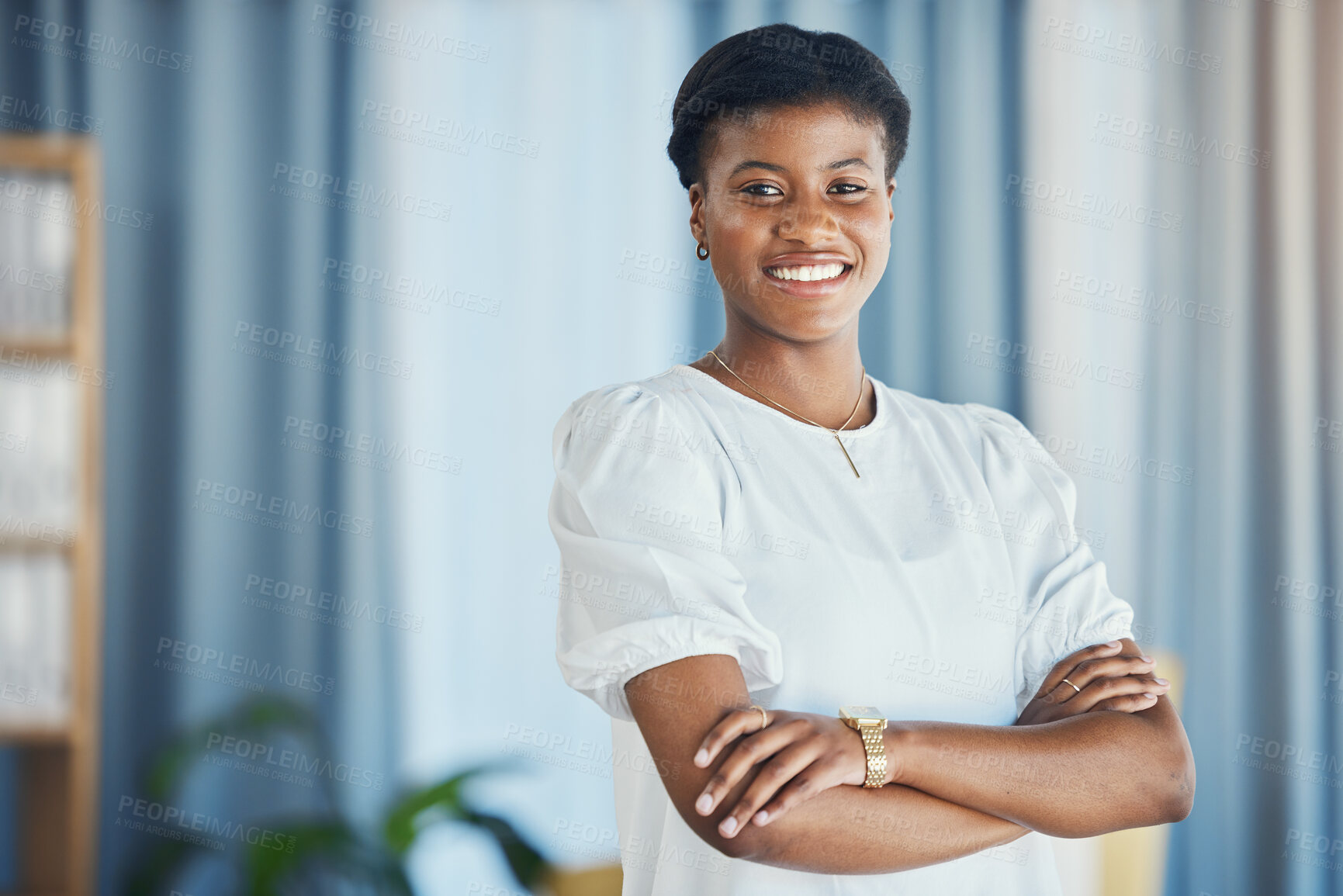 Buy stock photo Lawyer, portrait and black woman in office with arms crossed in confidence for justice, law firm and legal career. Attorney, smile or face of employee with pride in workplace or human rights advocate