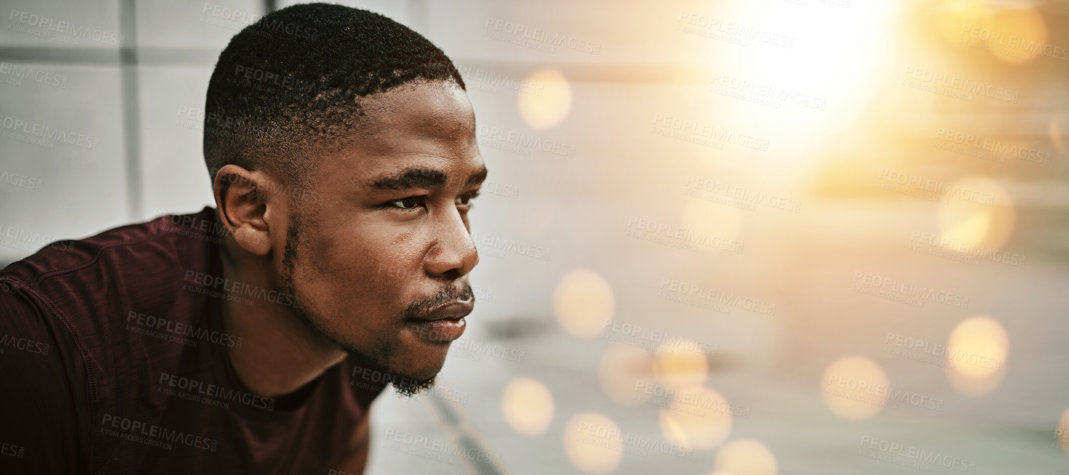 Buy stock photo Face, space and double exposure with a sports man outdoor for fitness as a runner during a marathon. Exercise, sweat and tired with an exhausted young athlete training in the city on mockup flare