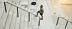 Tired black man, stairs and fitness on break from running, exercise or outdoor workout in city. Banner of African male person, athlete or runner in rest, recovery or training on steps in urban town