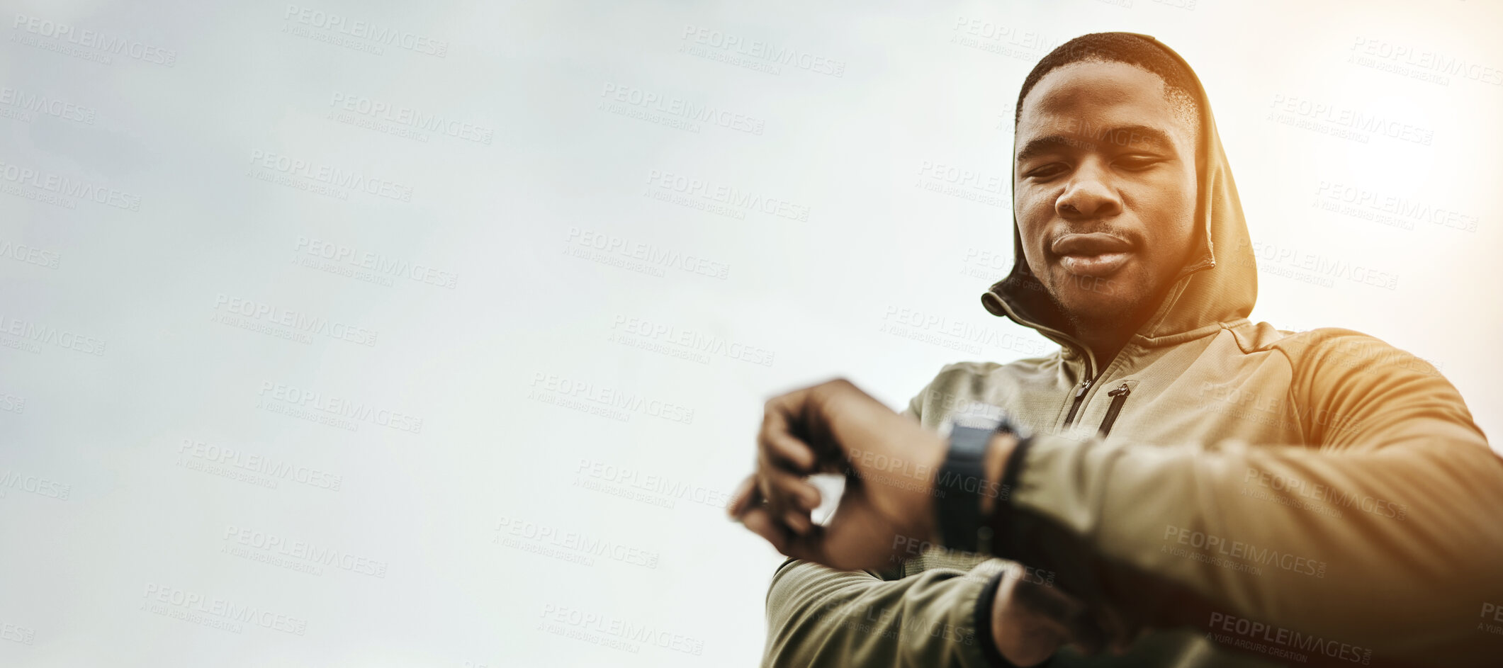 Buy stock photo Black man, smart watch and monitor for fitness, training or exercise schedule with bokeh for personal trainer. Athlete, person and stopwatch or timer for performance update or results for wellness