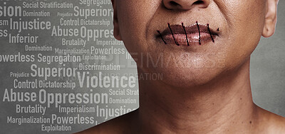 Buy stock photo Woman, lips and oppression with silence in studio, thread stitch and text overlay for abuse, violence or danger. Person, human rights and no voice, equality or freedom of speech by grey background