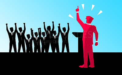 Buy stock photo Leadership, speaker and crowd at a protest for motivation or support in politics during an election campaign. Podium, speech and a mayor talking to an audience on stage for encouragement as a cartoon