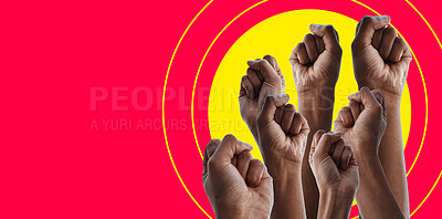 Buy stock photo Fist, group and protest with art by red background for human rights, power and solidarity for equality. People, support and together with hands in air for motivation, goal or mockup space for opinion