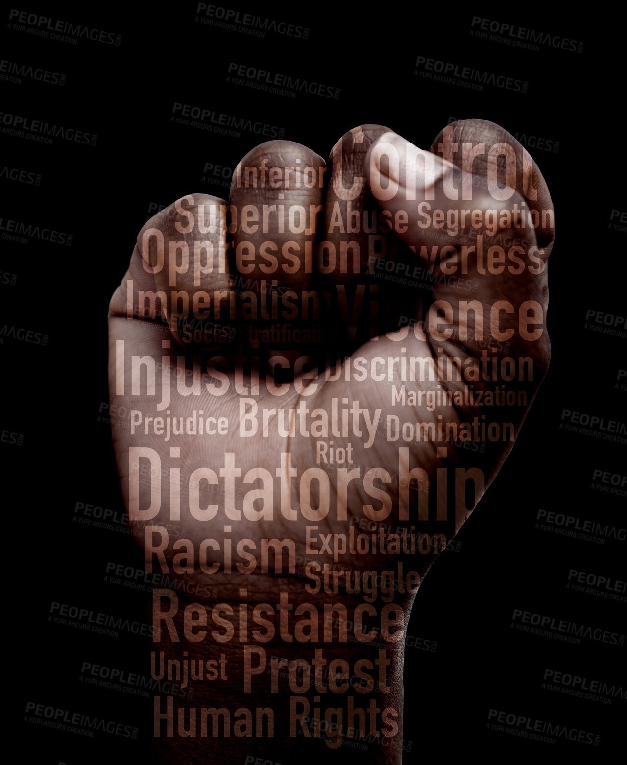 Buy stock photo Fist, protest and closeup with text, human rights and overlay for power, solidarity or justice by black background. Hand, sign language or icon with opinion for equality, politics or fight for change
