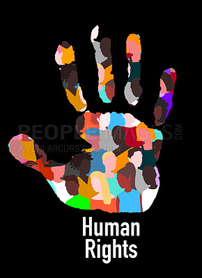 Buy stock photo Palm, human rights and art with color, diversity and creative for equality by black background. Illustration, support and group with hand overlay for racism, justice or opinion for promotion of peace