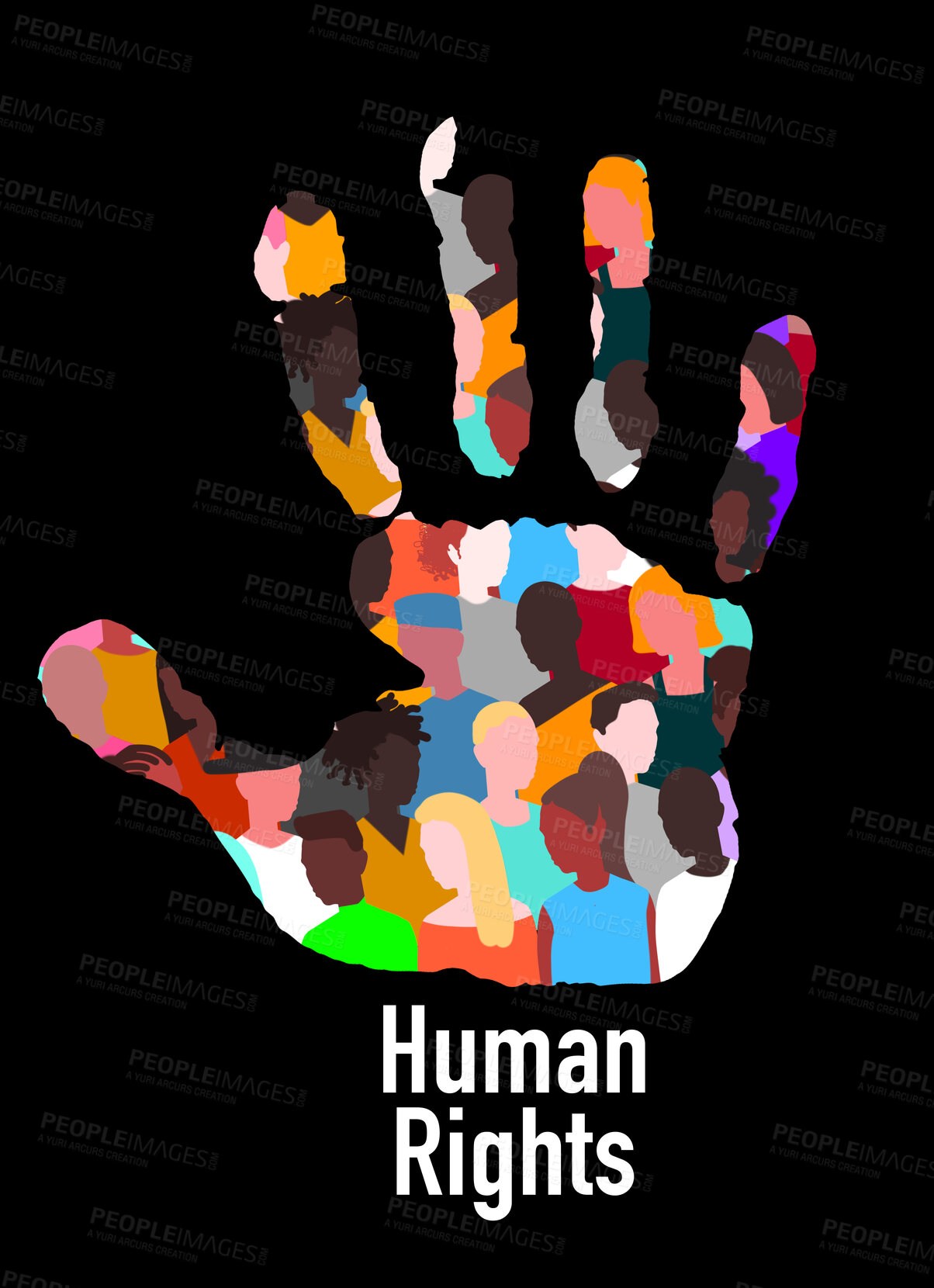 Buy stock photo Palm, human rights and art with color, diversity and creative for equality by black background. Illustration, support and group with hand overlay for racism, justice or opinion for promotion of peace