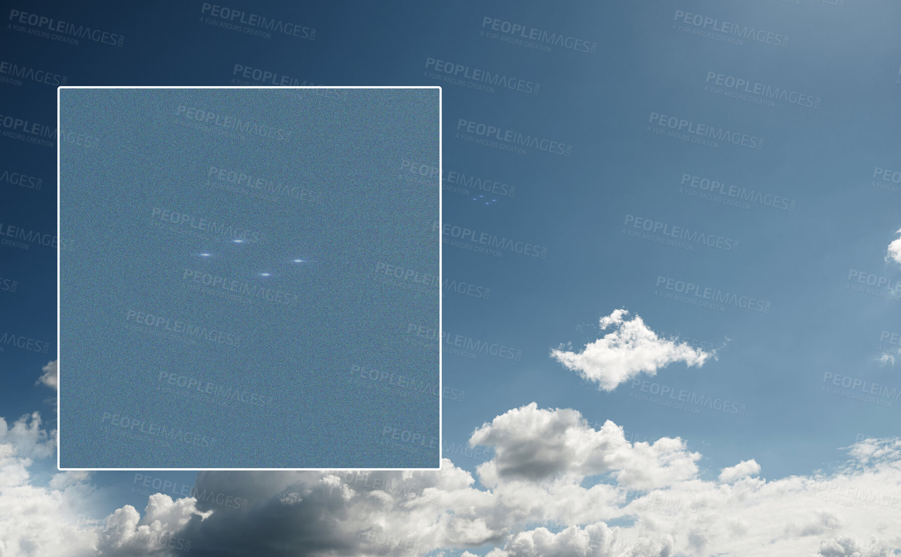 Buy stock photo Ufo, spacecraft in sky and alien on camera screen outdoor, surreal saucer fly in clouds and mockup space. Evidence of extraterrestrial spaceship, science fiction fantasy or recording on camcorder