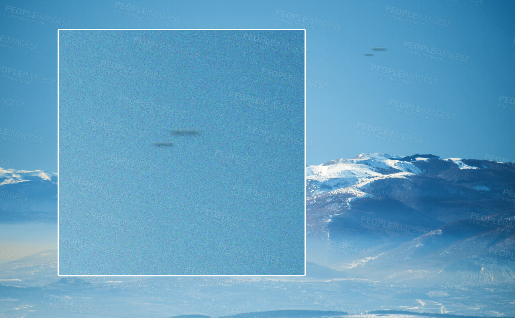 Buy stock photo Futuristic, ufo and surreal or object in the sky with science fiction, fantasy or conspiracy theory search. Alien, supernatural or spaceship with mysterious, extraterrestrial flying saucer in space
