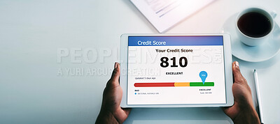 Buy stock photo Person, hands and tablet with good credit score in finance, banking or investment above on mockup at office. Top view of employee with technology screen for budget planning or financial management