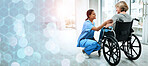 Patient with disability, nurse and advice in hospital for healthcare, wellness and medicare. Medical professional, bokeh and overlay in mockup, marketing and advertising for discussion or consulting