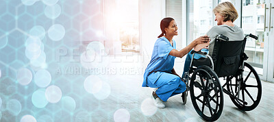 Buy stock photo Patient with disability, nurse and advice in hospital for healthcare, wellness and medicare. Medical professional, bokeh and overlay in mockup, physiotherapy and happy for discussion or consulting