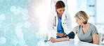 Healthcare, doctor and patient with blood pressure on banner, bokeh and overlay for mock up for medicine. Diversity, medical professional or exam for consultation, diagnosis or treatment at hospital 