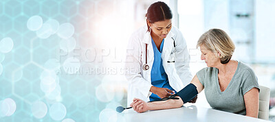 Buy stock photo Healthcare, doctor and patient with blood pressure on banner, bokeh and heart for mock up for medicine. Help, medical professional or exam for consultation, diagnosis or treatment at hospital