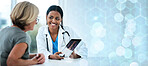 Happy doctor, patient and tablet for health on banner, bokeh and overlay in mock up for insurance. Female, medical professional and smile for results of treatment, diagnosis or exam for consultation