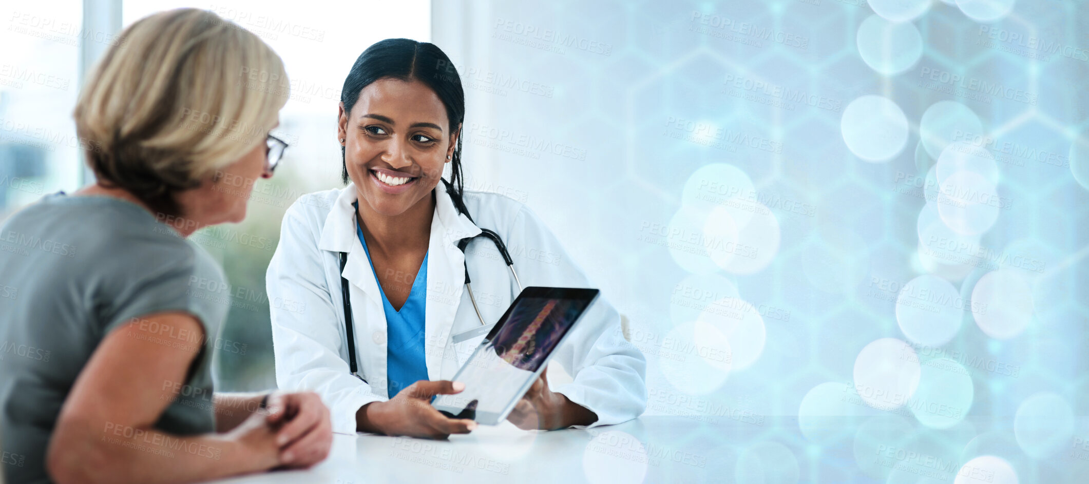 Buy stock photo Happy doctor, patient and tablet for health on banner, bokeh and overlay in mock up for insurance. Female, medical professional and smile for results of treatment, diagnosis or exam for consultation