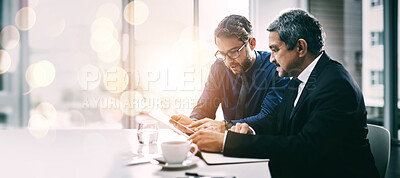 Buy stock photo Collaboration, tablet and business people on double exposure space for planning or strategy together. Teamwork, technology for research with a manager and employee in the office boardroom on mockup