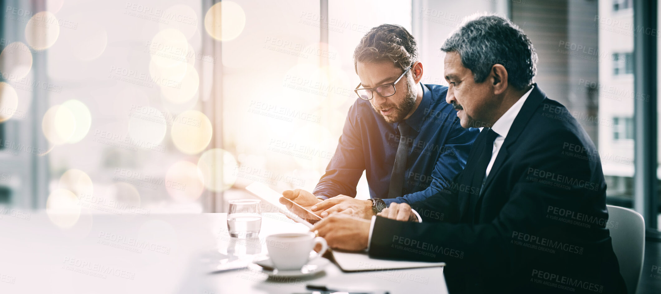 Buy stock photo Collaboration, tablet and business people on double exposure space for planning or strategy together. Teamwork, technology for research with a manager and employee in the office boardroom on mockup