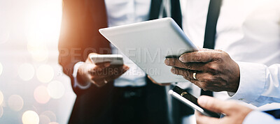 Buy stock photo Hands, technology and double exposure with a business team together for communication or networking closeup on space. Teamwork, tablet and phone with a professional employee group in collaboration