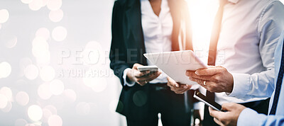 Buy stock photo Hands, technology and double exposure with business people together for communication or networking closeup on space. Collaboration, tablet and phone with a professional employee team working online