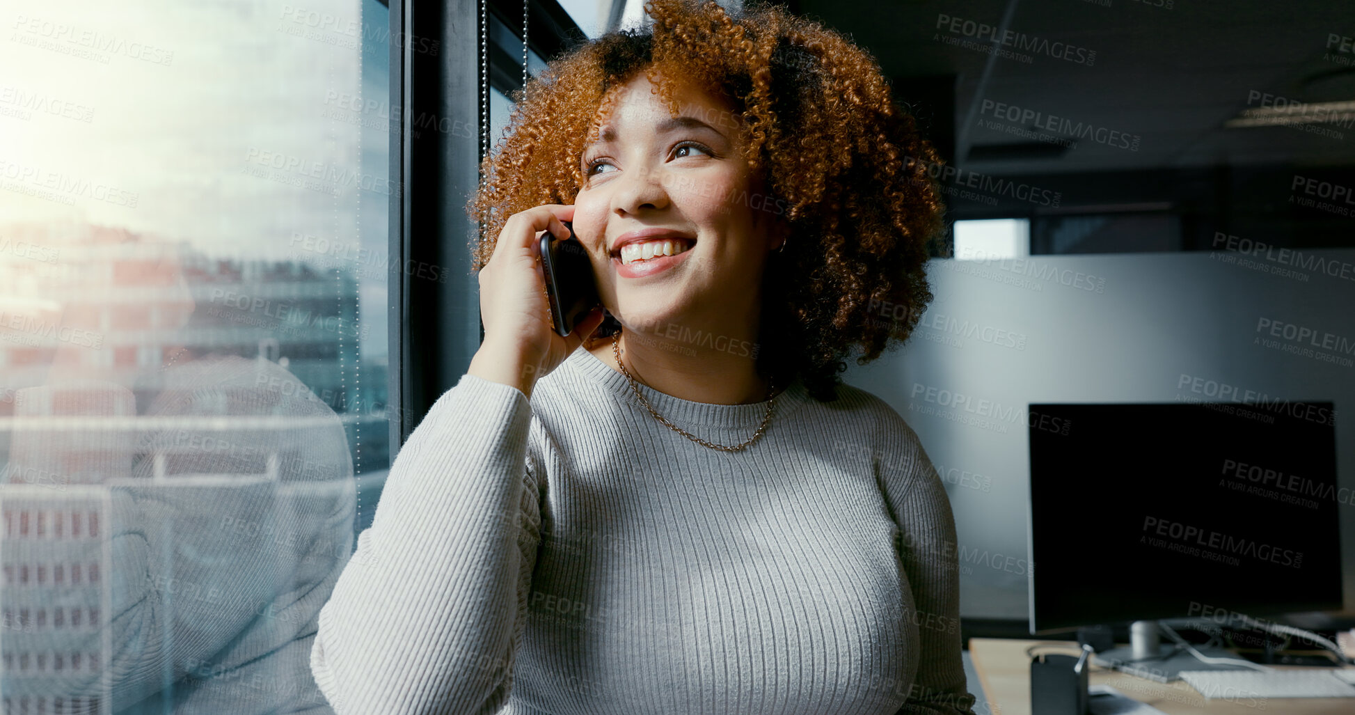 Buy stock photo Phone call, vision and window with a business woman in her office for communication or networking. Mobile, thinking and smile with a happy young employee talking in her professional workplace
