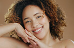 Happy woman, portrait and face in natural beauty, skincare cosmetics or makeup against a studio background. Female person or model smile in dermatology, soft skin or facial spa treatment and grooming