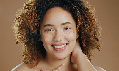 Buy stock photo Portrait of happy model, natural beauty dermatology and cosmetic wellness in studio with smile. Skin glow, proud woman or confident biracial female person with skincare results on brown background