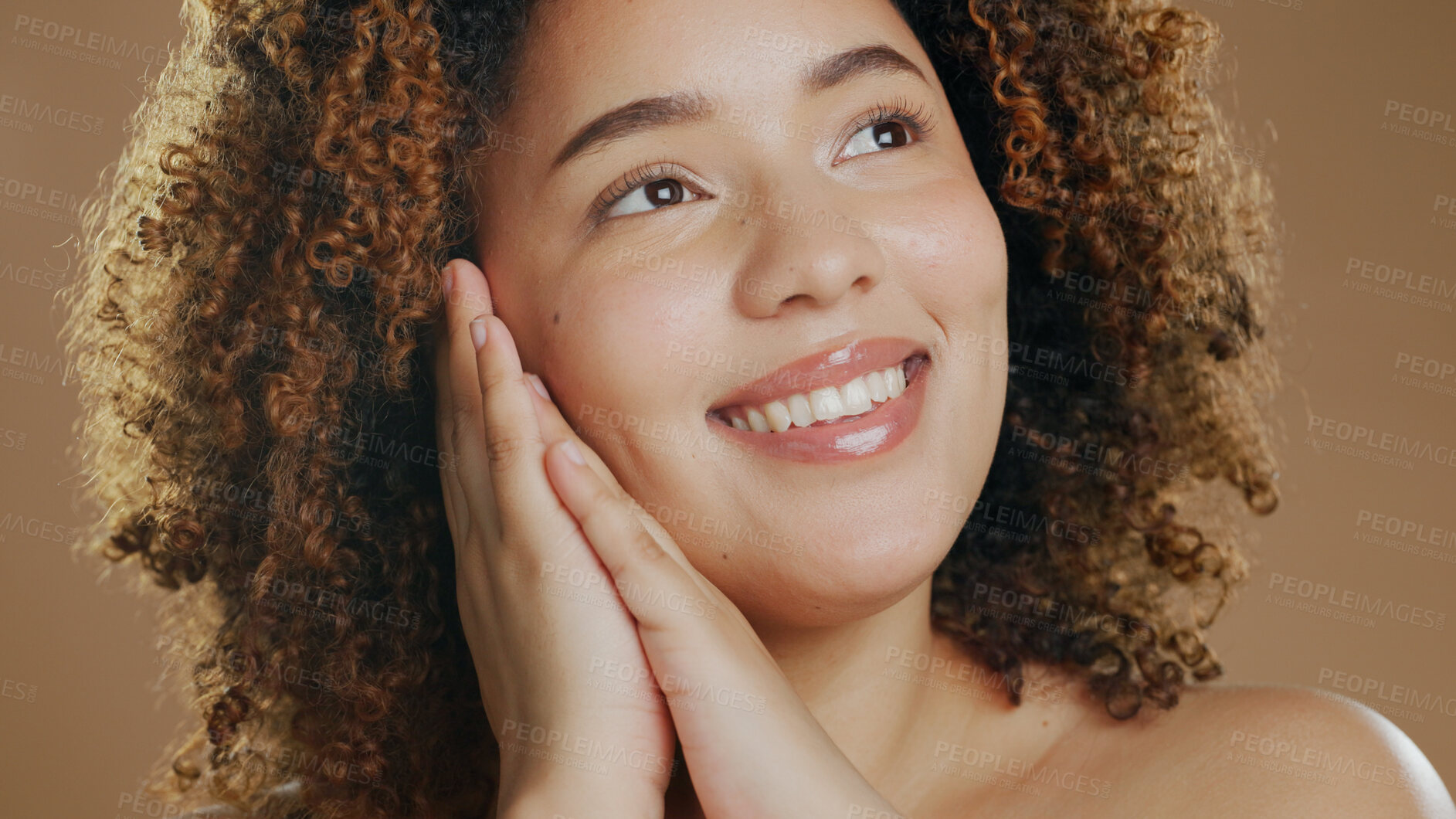 Buy stock photo Thinking, happy woman or natural beauty dermatology for cosmetics or wellness in studio with smile. Skin glow, relax or confident biracial female person with skincare results on a brown background