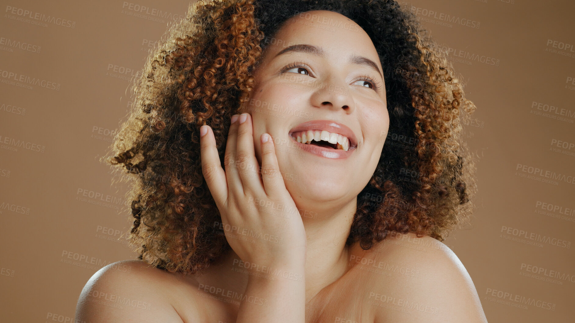 Buy stock photo Happy woman, face and skincare in beauty, makeup or cosmetics against a studio background. Female person or model smile for dermatology, soft skin or facial spa treatment and grooming in happiness