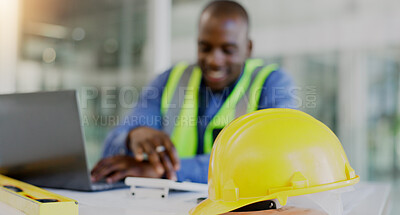 Buy stock photo Man, calculator and helmet for architecture, blueprint planning and happy with ratio, numbers or development in office. Engineering designer, industry worker or person with floor plan tools or safety