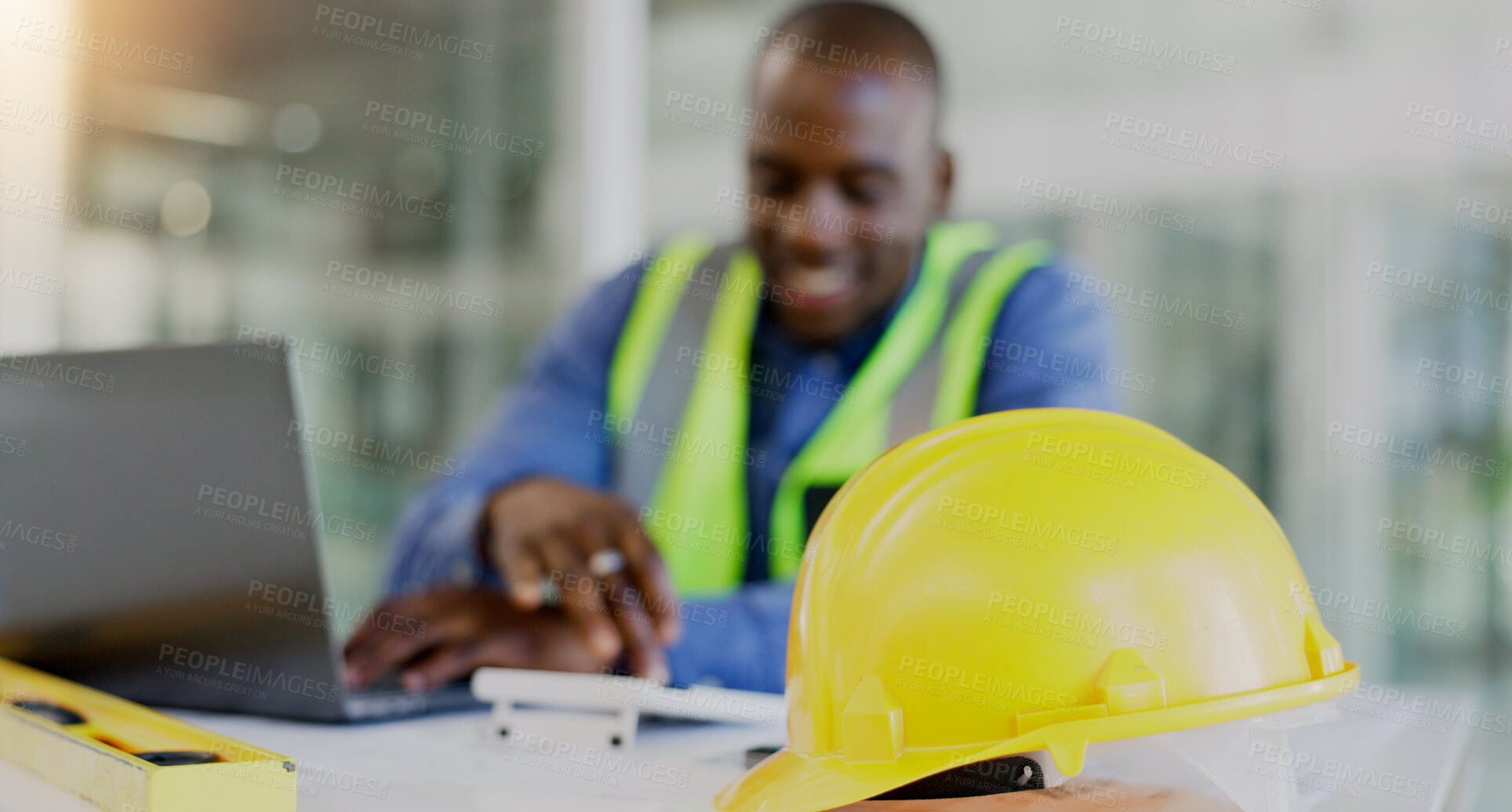 Buy stock photo Man, calculator and helmet for architecture, blueprint planning and happy with ratio, numbers or development in office. Engineering designer, industry worker or person with floor plan tools or safety