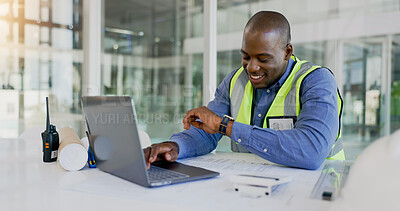 Buy stock photo Laptop, time and a black man construction worker in an office for planning a building project. Computer, watch and a happy young engineer in the workplace for research as a maintenance contractor